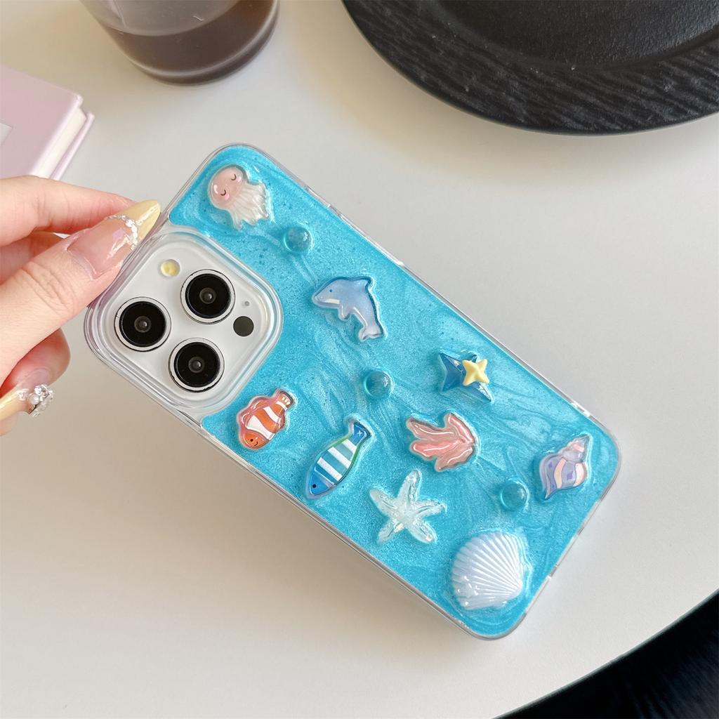 3D Ocean Theme Phone Case for iPhone 12-17 Series — Cute Dolphin, Fish, Jellyfish & Coral Design