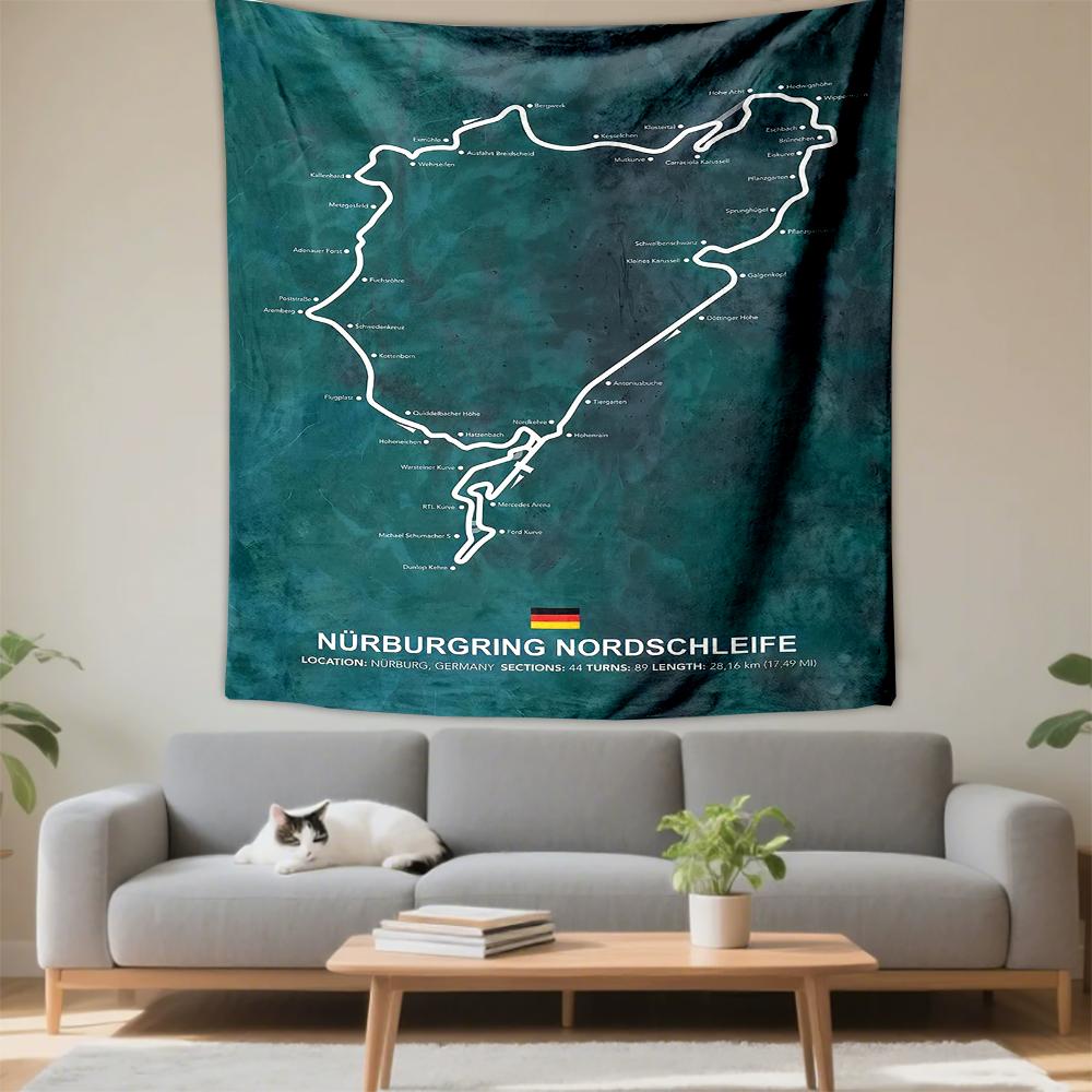 Nurburgring Nordschleife Track Map Green Infographic Racing Printed Tapestry for Living Room Dorm Decor