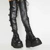 Womens Punk Edge Knee High Boots - Fashionable Platform Wedge Heel - Soft Round Toe Secure Lace-Up Design - Durable Chunky Sole