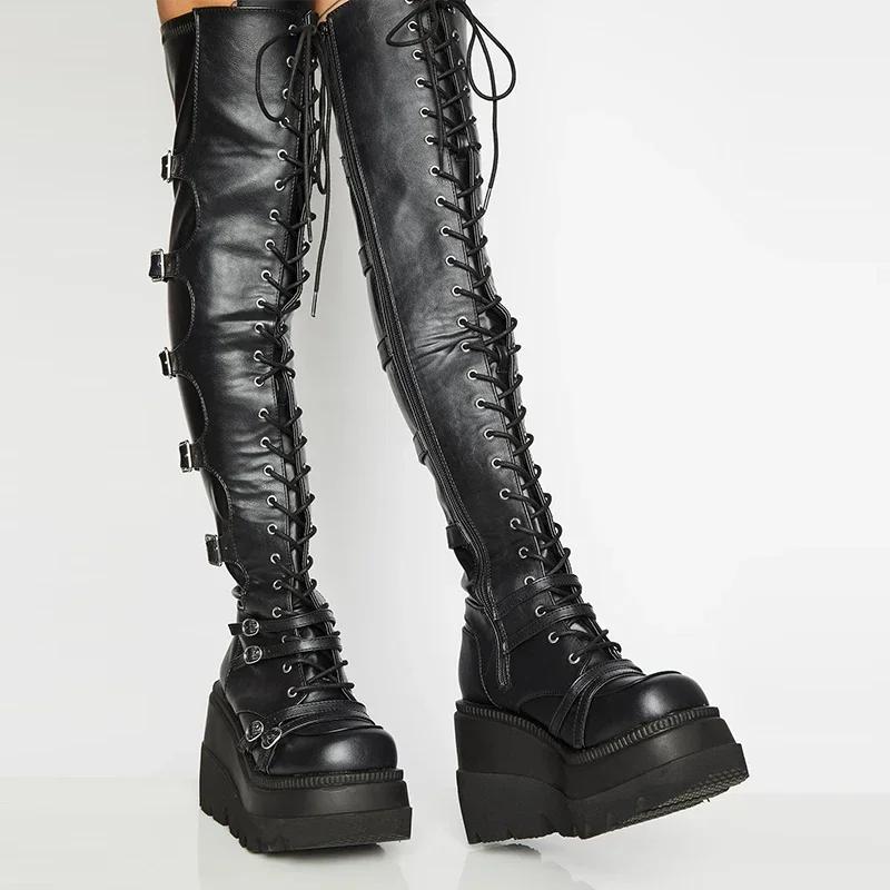Womens Punk Edge Knee High Boots - Fashionable Platform Wedge Heel - Soft Round Toe Secure Lace-Up Design - Durable Chunky Sole