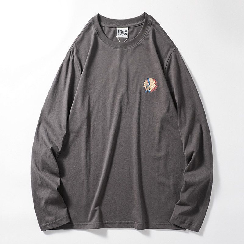 Vintage Cotton Brushed Heavy-Duty Long-Sleeved Embroidered T-shirt