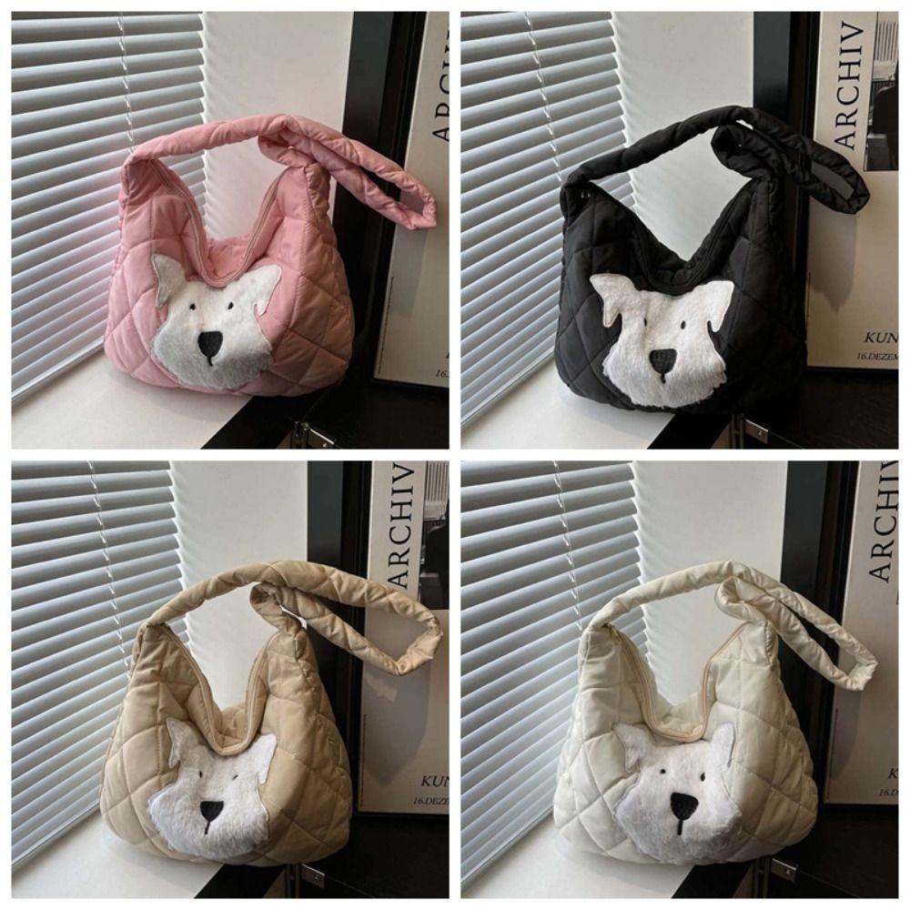 Large Capacity Plaid Messenger Bag Foldable Cartoon Dog Handbag Thickened Cotton Bag Winter