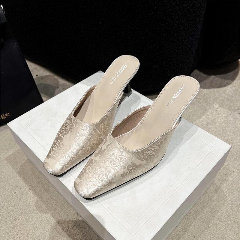 Pointed High-heeled National Style Versatile Outer Wear Thick Heels Cool Slippers Women's 2025 Baotou Half Slippers Women's Fashion New