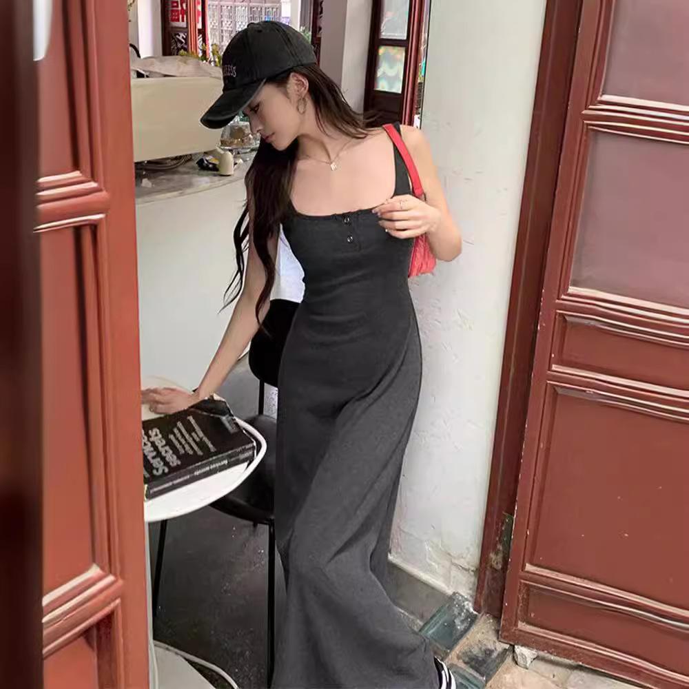 Pure Desire Sexy Suspender Vest Skirt Temperament Black Dress Women's French Design Feeling Waist and Thin Long Skirt Summer