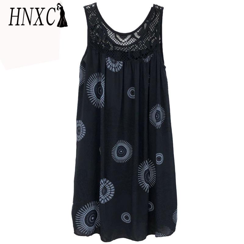 HNXC Women's Fashion Summer Spring Solid Color Print Sleeveless O-Neck High Waist Casual Dresses