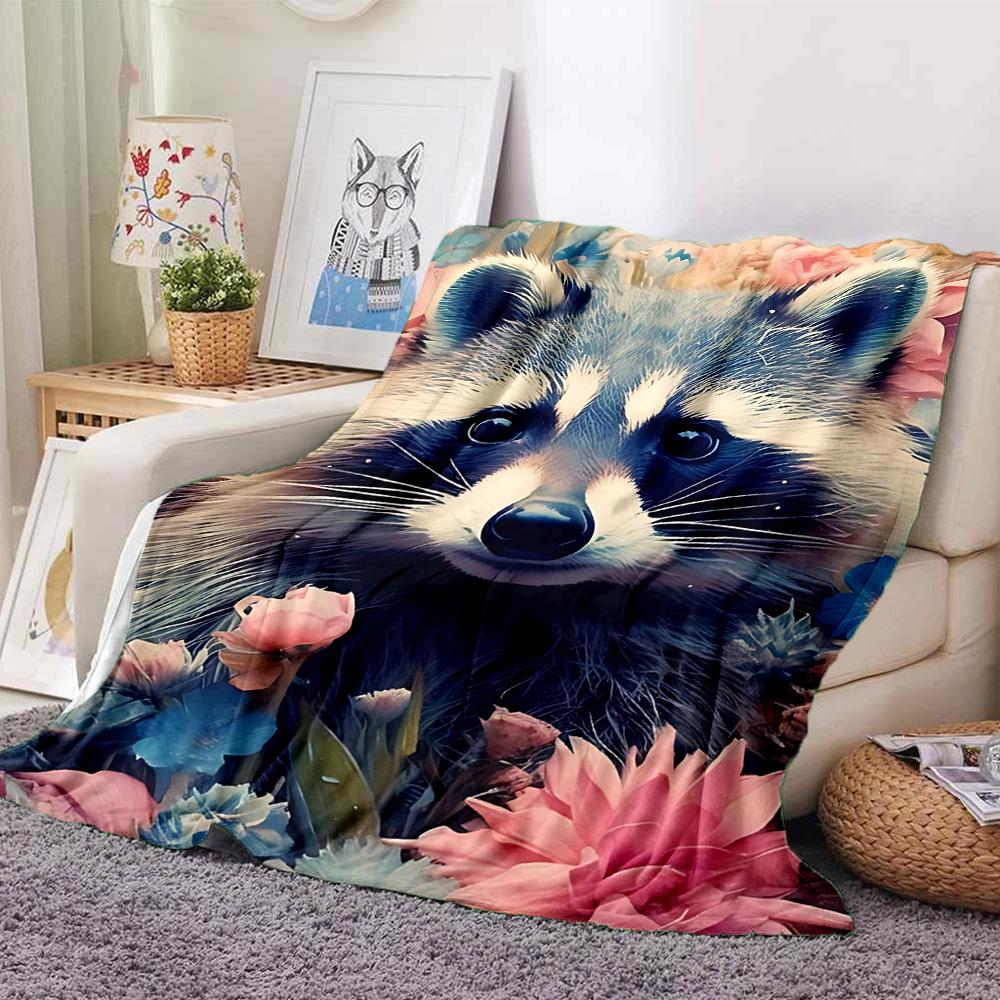 1pc Raccoon Flowers Print Blanket   Lightweight Flannel Throw Blanket For Sofa, Bed, Living Room, Office, Outdoor Travel, Camping