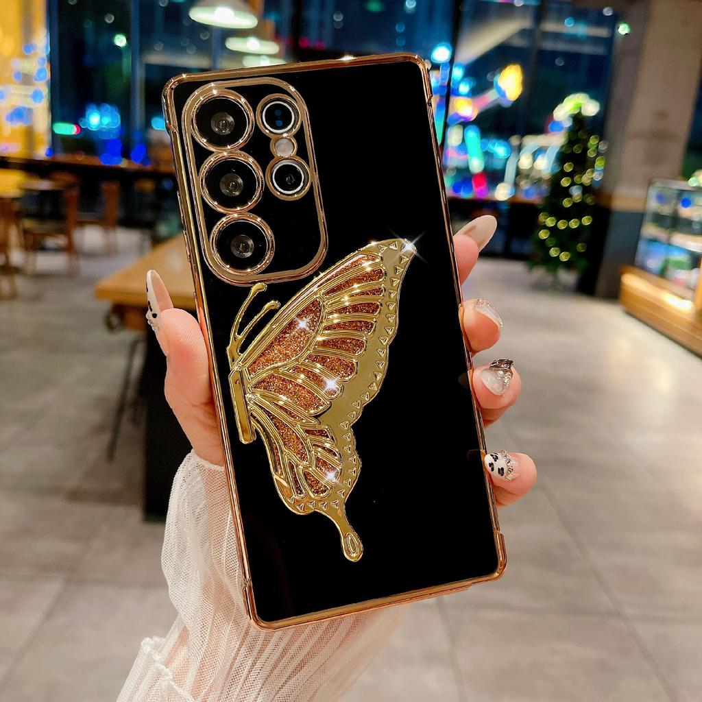 For Samsung Galaxy S25 Ultra Case with Glittering Butterfly Kickstand Rose Flower Electroplated TPU Phone Cover