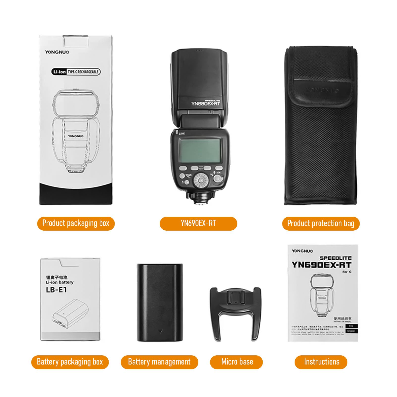 Вспышка YONGNUO YN690EX RT на камере Ведущая Ведомая Спидлайт GN60 TTL 1 8000с HSS 1с Время перезарядки с 2.4G Беспроводной чёрный