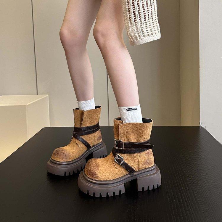 Spice Girl Style Retro Platform Martin Short Boots New Fashion Polish Color Increase Versatile Belt Buckle Single Boots