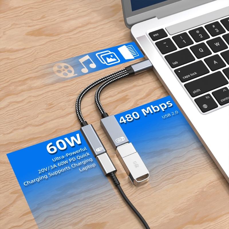 2 in 1 Type C Splitter Aluminum Charging Adapter with 60W Power Delivery Charging & OTG Functionality for Phone Tablet 