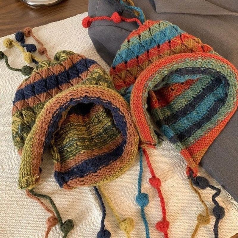 Women'S Baotou Hat Autumn And Winter Colorful Tassel Ball Tie Earmuffs Hollow Knitted Wool Hat