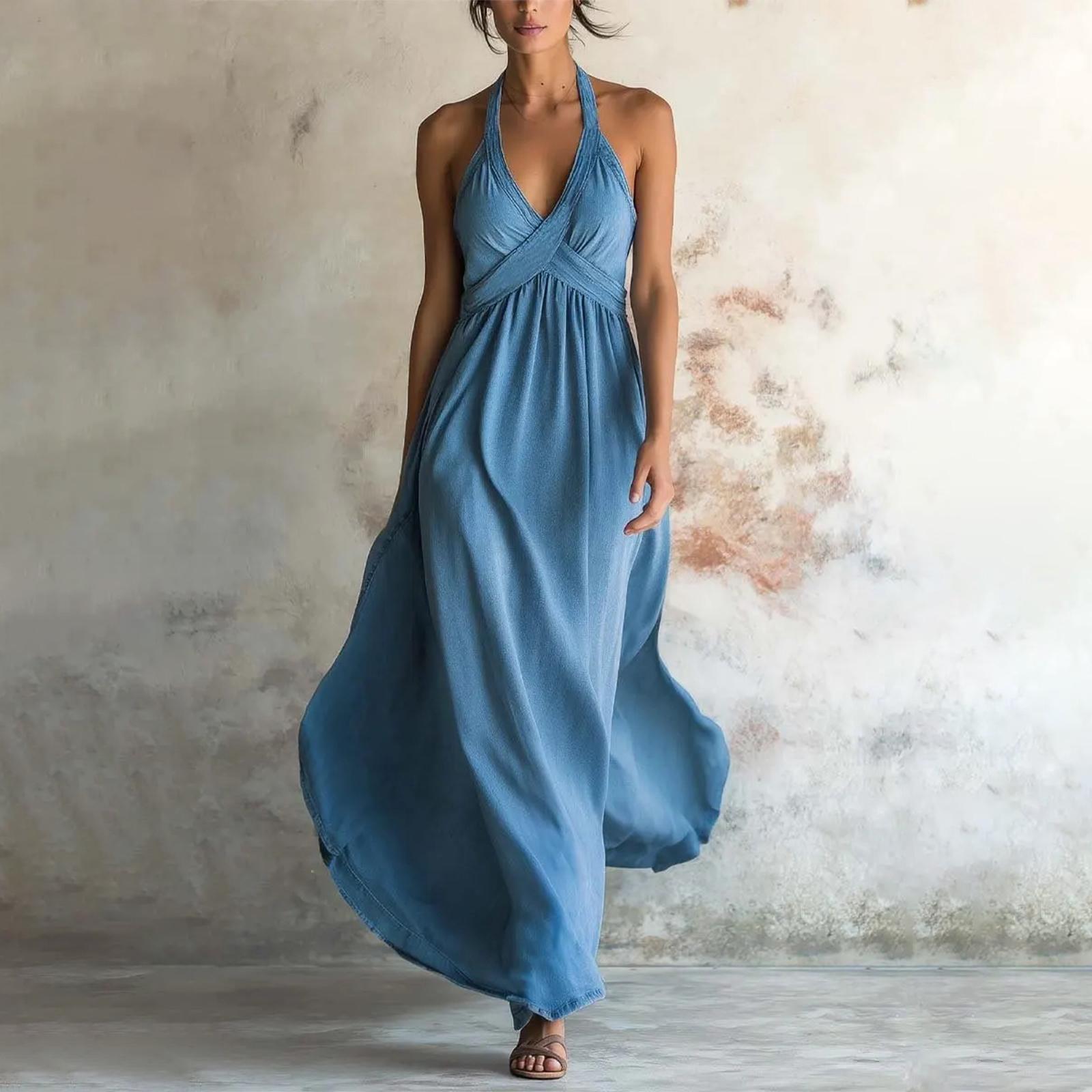 Women s Fashionable And Sexy  V Neck Hanging Neck Off Shoulder Sleeveless Casual Temperament Dress M синий