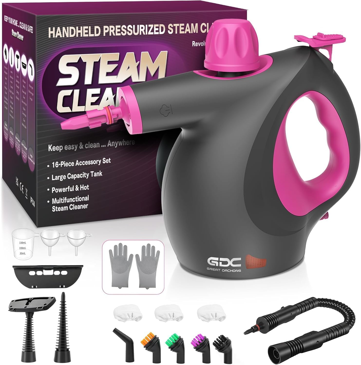 

Handheld Steam Cleaner with 16 Accessories, Portable & Chemical-Free for Home, Car, Furniture, Floor, Windows, Tile 230 V чорний