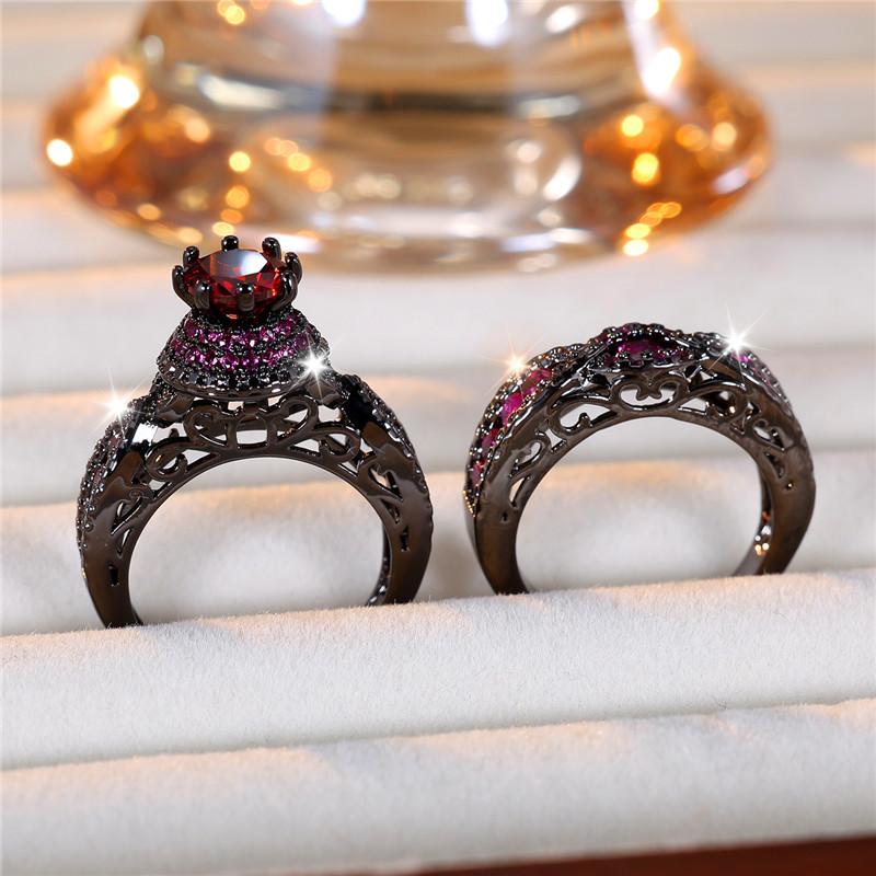 Luxury Female Crystal Rose Red Round Zircon Stone Engagement Ring Set Cute Black Gold Color Wedding Jewelry For Women
