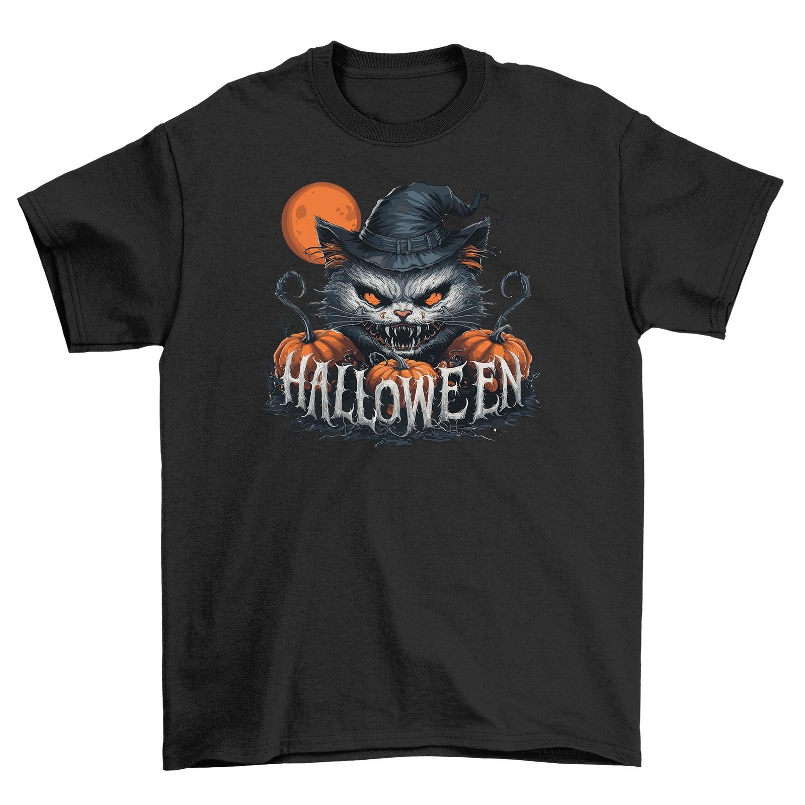Scary Witch Cat Halloween Graphic Cotton TShirt Spooky Pumpkin Tee for Unisex S