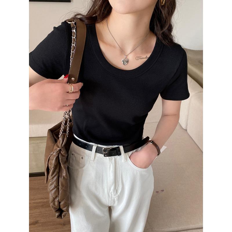 

Базовая белая футболка женская летняя с короткими рукавами, новый стиль, круглый вырез, тонкая простая хлопковая футболка с верхом на правом плече XL