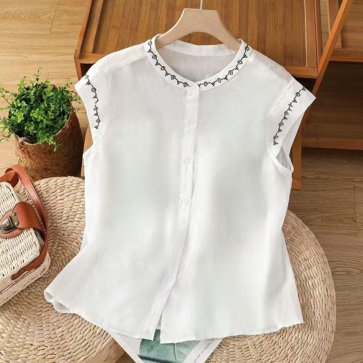 

Women s Summer Boho-Style Solid-Color Embroidered Shirt: Elegant Round-Neck Cotton-Linen Sleeveless Top for The Office S білий
