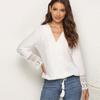 Solid Drawstring V Neck Lace Chiffon Shirt Women Vintage Long Sleeve White Blouse Woman Elegant Slim Hollow Lady Top Mujer 28620