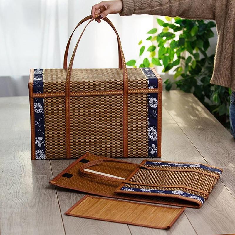 Folding Bamboo Woven Fruit Basket Handheld Handle Fruit Shopping Food Basket Picnic Food Storage Basket For Outdoor