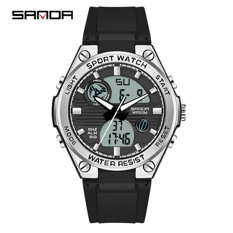 Sanda Trendy Waterproof Sports Watch - Minimalist Design with Dual Display for Students