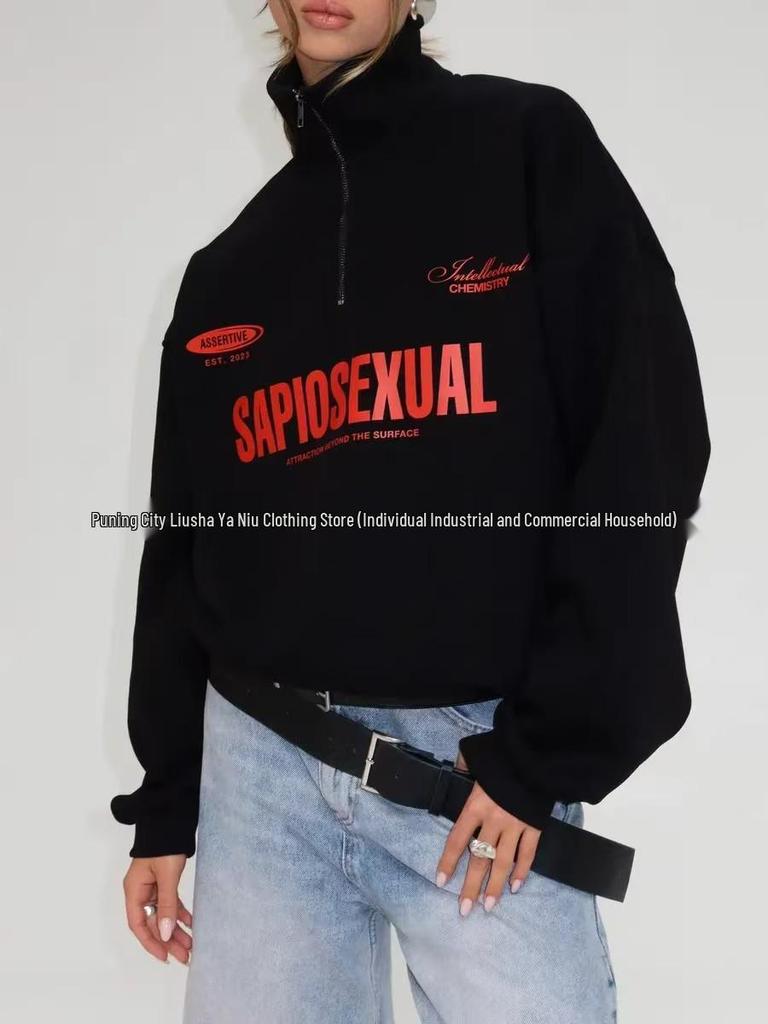 Casual Letter Print Hoodie - Autumn/Winter European & American Thickened Zipper Style