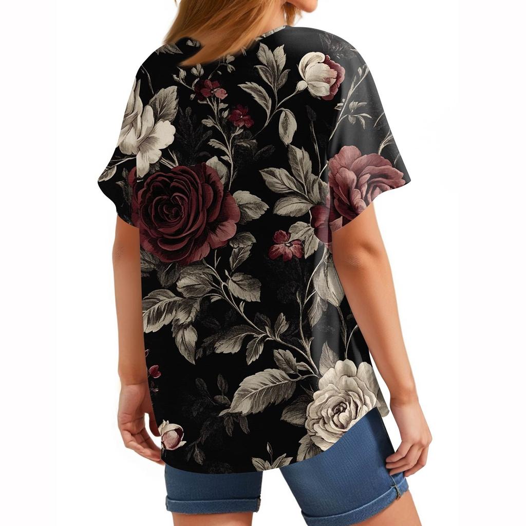 Women's Fashion Casual Short Sleeve Print Round Neck Pullover Top Blouse