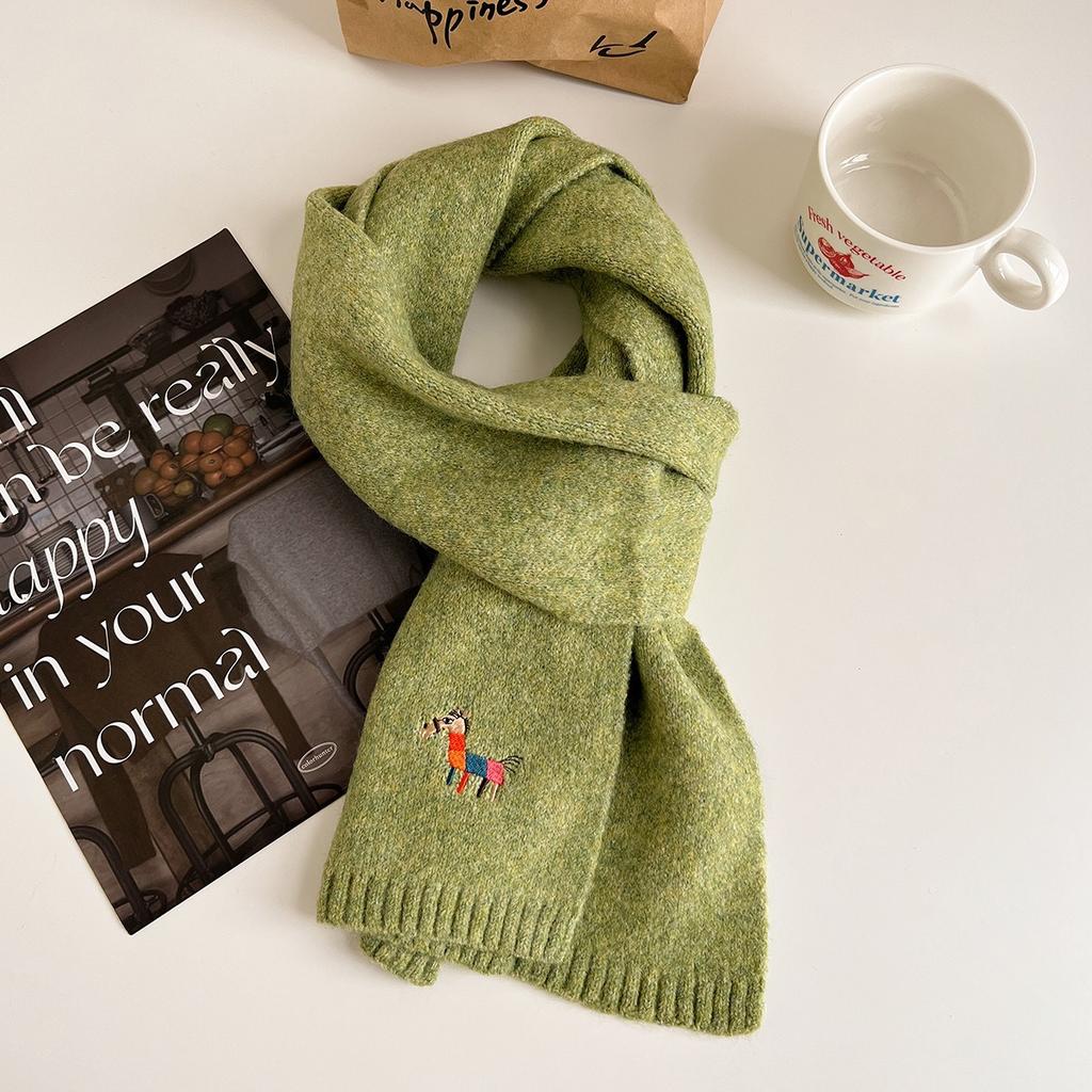 Autumn Knitted Pony Cute Wool Scarf for Women Thickened and Warm Korean Style Scarf Versatile Pony Embroidered Small Scarf