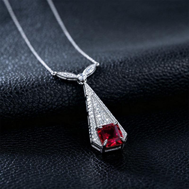 European S925 Sterling Silver Geometric Tassel Necklace with Cultured Ruby and Full Diamond Accents - Retro Long Style