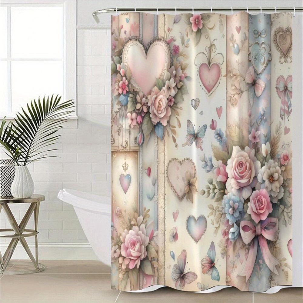 Valentinstag Blumen Schmetterling Herz Muster Polyester Duschvorhang - mit Rosa Rosen, Glockenblumen und Grünen Blättern
