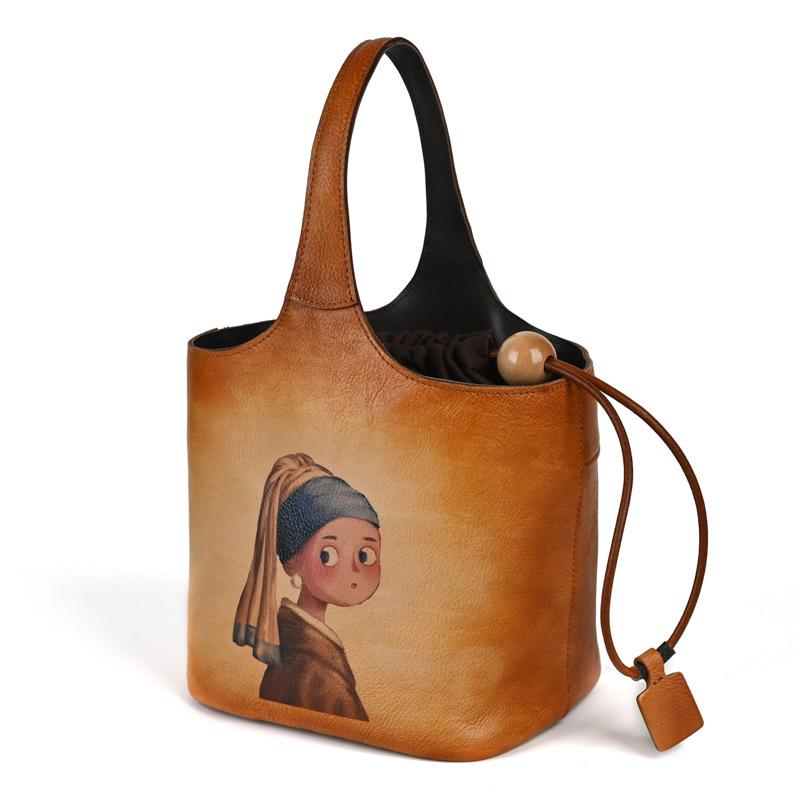 Vintage Floral Print Handmade Cowhide Leather Bucket Bag