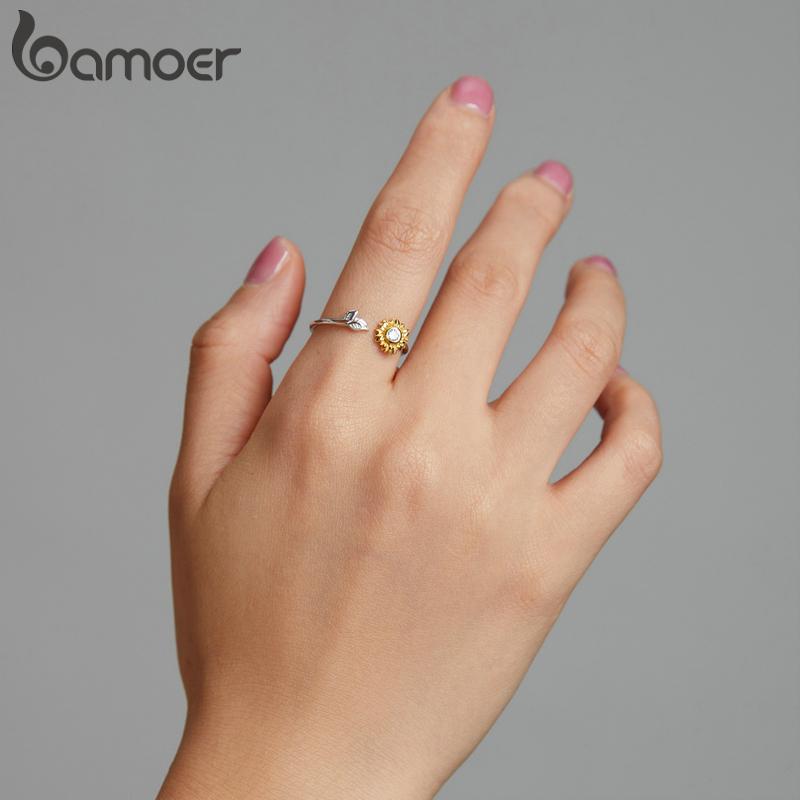 BAMOER Inel ajustabil în formă de floare de soare, din argint 925, zircon strălucitor, pentru femei, bijuterii fine elegante