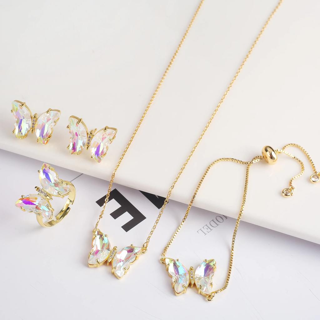 Women Shiny Crystal Butterfly Pendent Necklace Sets Romantic Jewelry Bracelet Ring Necklace Earring Set Dinner Dress Accessories
