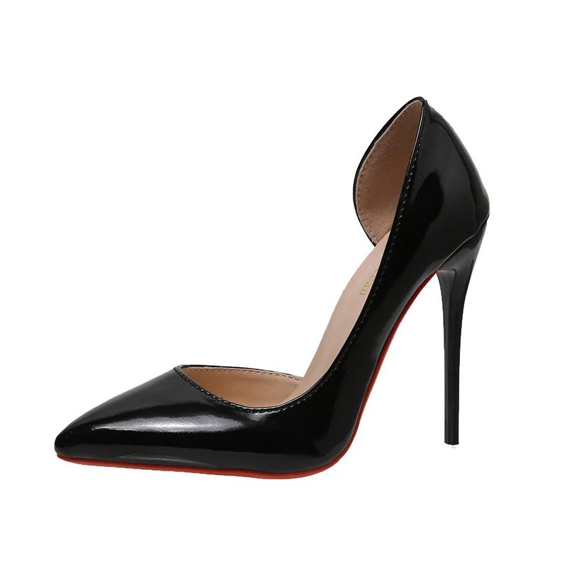 Fashion Black Patent Leather Side air Pointed Toe Red Rubber Bottom Women High Heels Party Shoes Sexy Ladies Dress Stiletto Pumps 44 45