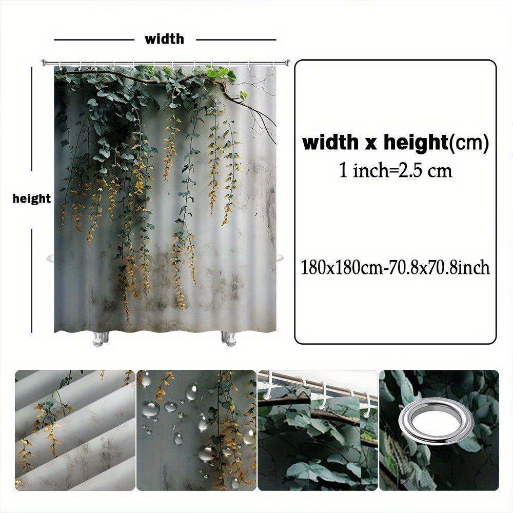 1pc Cascading Vine Shower Curtain with Yellow Berries & Eucalyptus Design, 70x70 Inches, Weathered Wooden Wall Look,