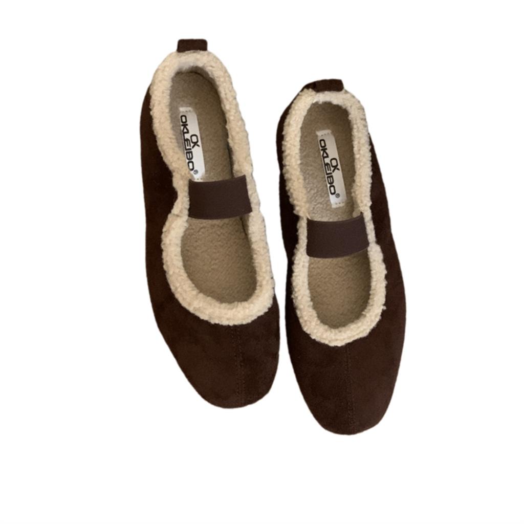 French Retro Evening Shoes Mary Jane Shoes Velvet Warm Lamb Wool Beanie Single Shoes Flat Brown Fluff Shoes