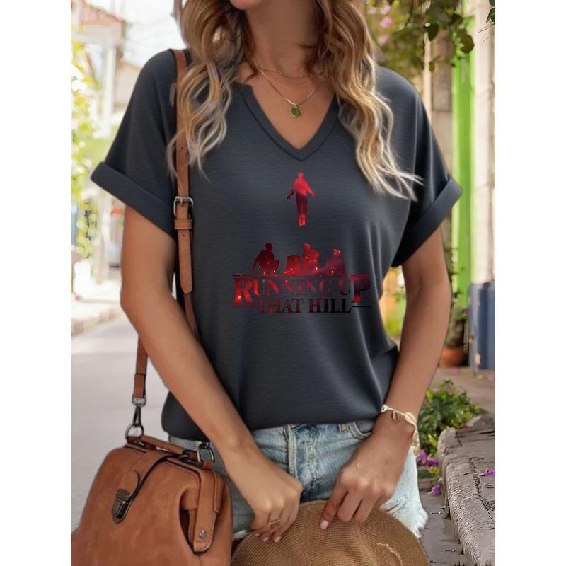 Women s V-Neck  Running Up That Hill  Graphic Tee, Retro TV Show Silhouette Print T-Shirt, Casual Loose Short Sleeve Fashion Top XL