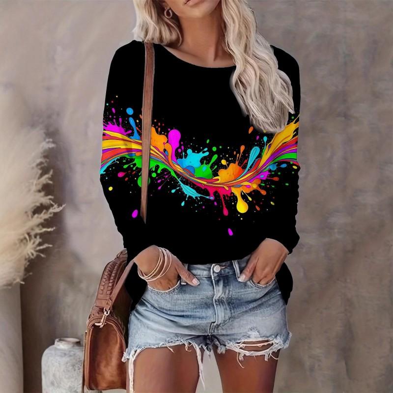 Abstract Tie-Dye 3D Digital Print Loose Fit Womens Crew Neck Long Sleeve T-Shirt Casual Comfort Top
