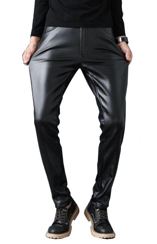 LIFESHINE Leather PU Motorcycle Windproof and Solid Biker Long Skinny Gift Not Men's Pants, Leather, Pants, Cold-Resistant, Color, Fleece-Lined,