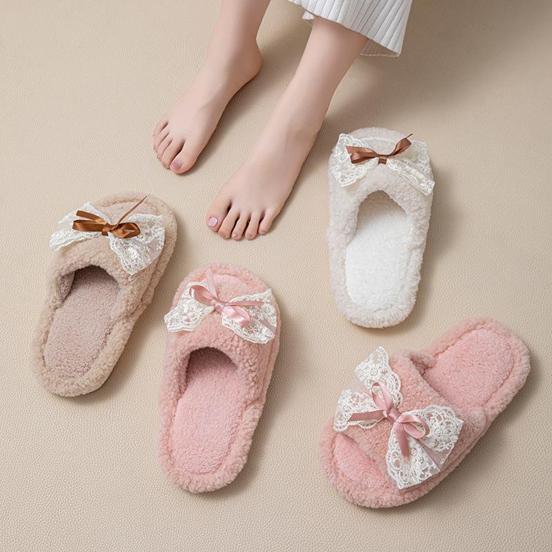 Spitzen Schleife Baumwollpantoffeln ins weniger flauschige Pantoffeln Zuhause Plüschpantoffeln