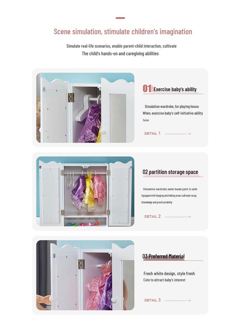 Double Door Wooden Doll Wardrobe - Fun Educational Toy for Girls