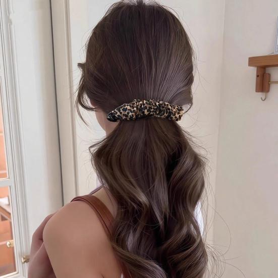 Retro Style Hairpin Stable Non-Slip Banana Clip with Pleated Fabric Wrap Leopard Plaid