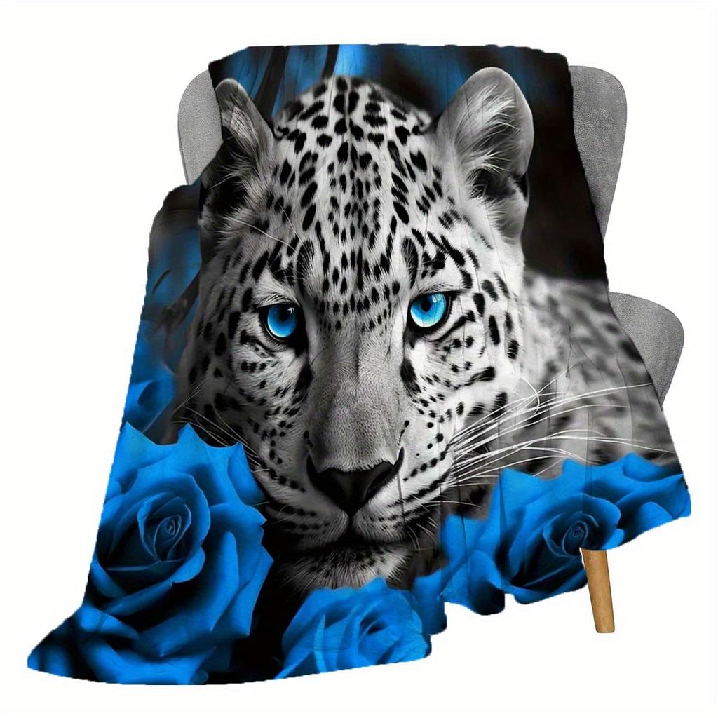 Snow Leopard Flannel Blanket – Ultra-Soft Blue Rose Design – Tear Resistant All-Season Throw – Contemporary Decor