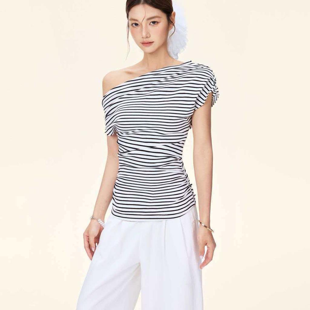 Unique design striped diagonal collar short sleeve women's summer new careful machine off-the-shoulder T-shirt South East Asia top