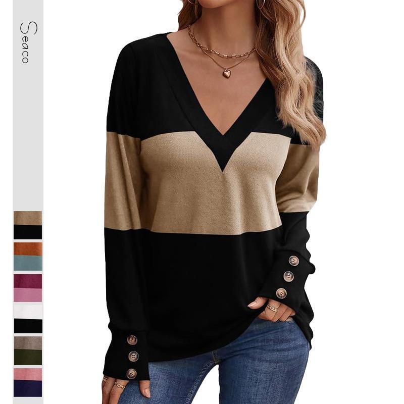 Women's New Style Casual Loose V-neck Long-sleeved Contrast Stitching Knitted Pullover T-shirt Top
