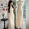 Sexy royal sister style solid color off-the-shoulder pleated suspender dress slim-fitting high-waisted hip-wrapped long dress women's summer wholesale