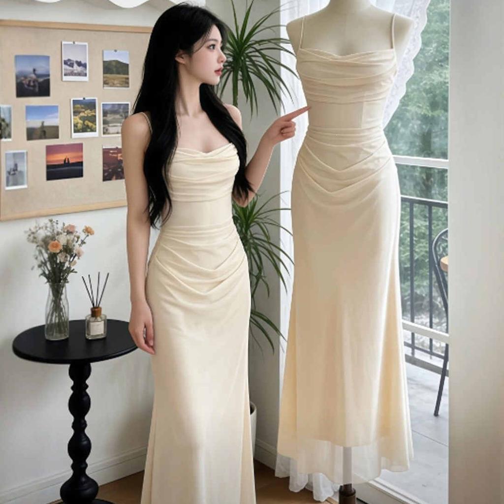 Sexy royal sister style solid color off-the-shoulder pleated suspender dress slim-fitting high-waisted hip-wrapped long dress women's summer wholesale