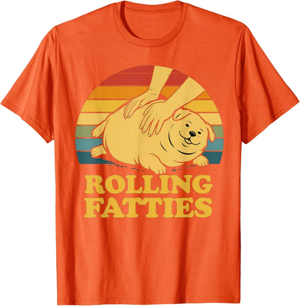 Rolling Fatties Funny Dog Graphic Tee Retro Sunset Print Soft Cotton Casual T-Shirt for Men Women