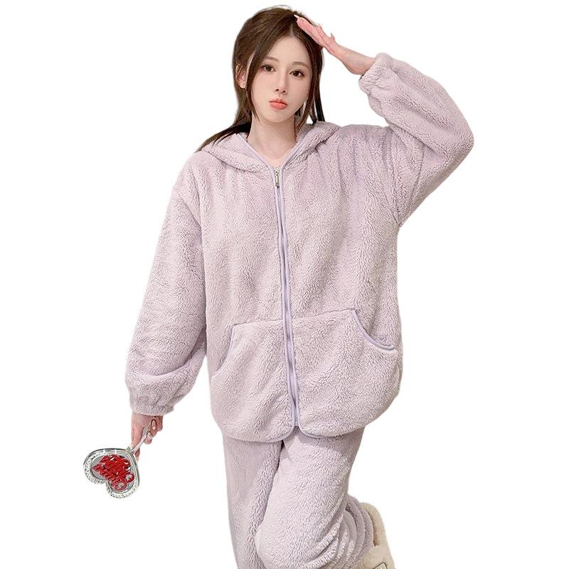 1011 New Coral Fleece Pajamas Women's Winter Sweet and Cute Fleece Thickened Flannel Girls Loungewear Set