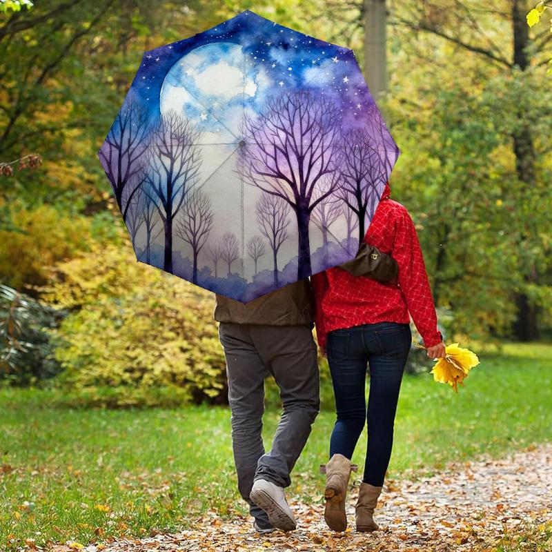 1pc Moonlit Forest Automatic Folding Umbrella, Heavy Duty 8 Rib Iron Frame, Suitable for Travel, Daily Use, Birthday, Decor Gift 39