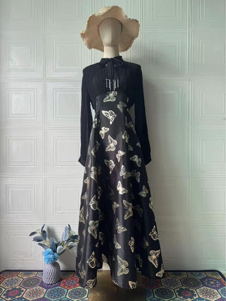 2025 Spring Elegant Long Sleeve Gold-Stamped Romantic Dress for Women